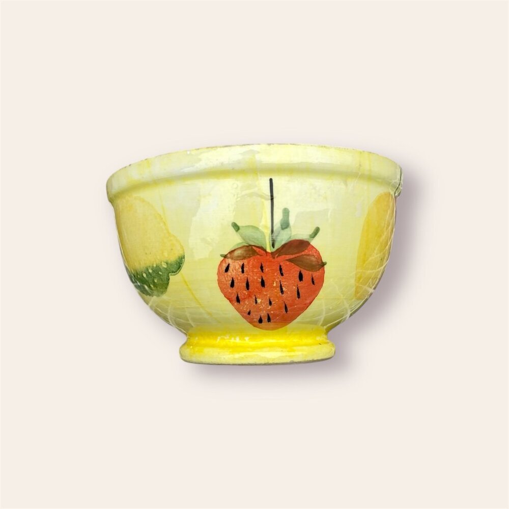 Hand Painted Pottery Bowl Made In Italy, Yellow with Fruit Designs